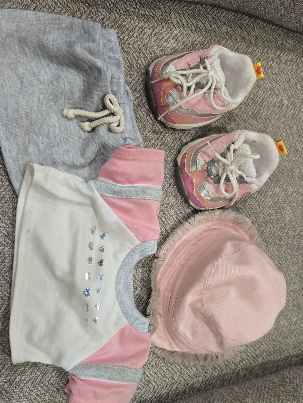 Build-A-Bear Pink and Gray Kids Skirt Top Hat And Sneaker Set